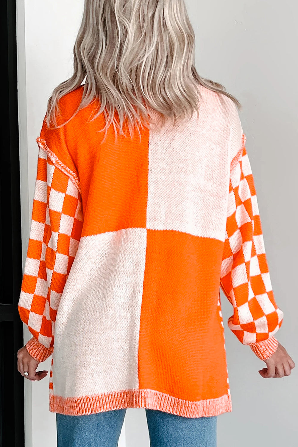 PREORDER: Orange Checkered Open Front Drop Shoulder Cardigan (Ships 2-4 Weeks)