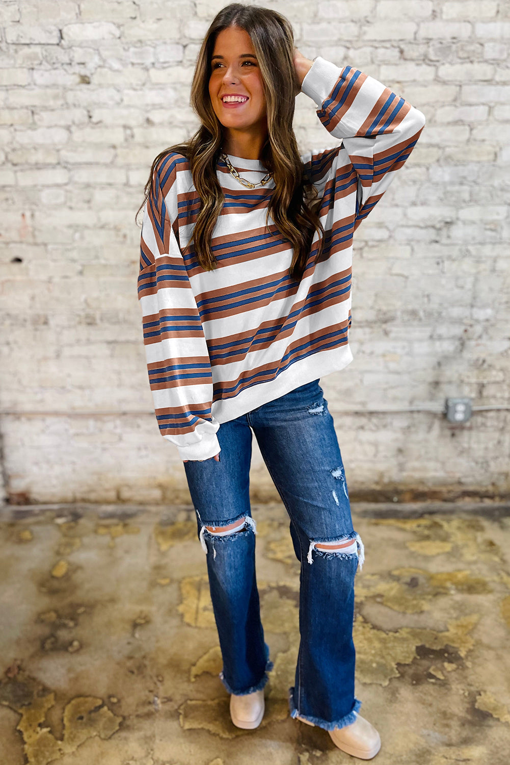 PREORDER: Brown Stripe Crew Neck Drop Shoulder Pullover Sweatshirt (Ships 3-4 Weeks)