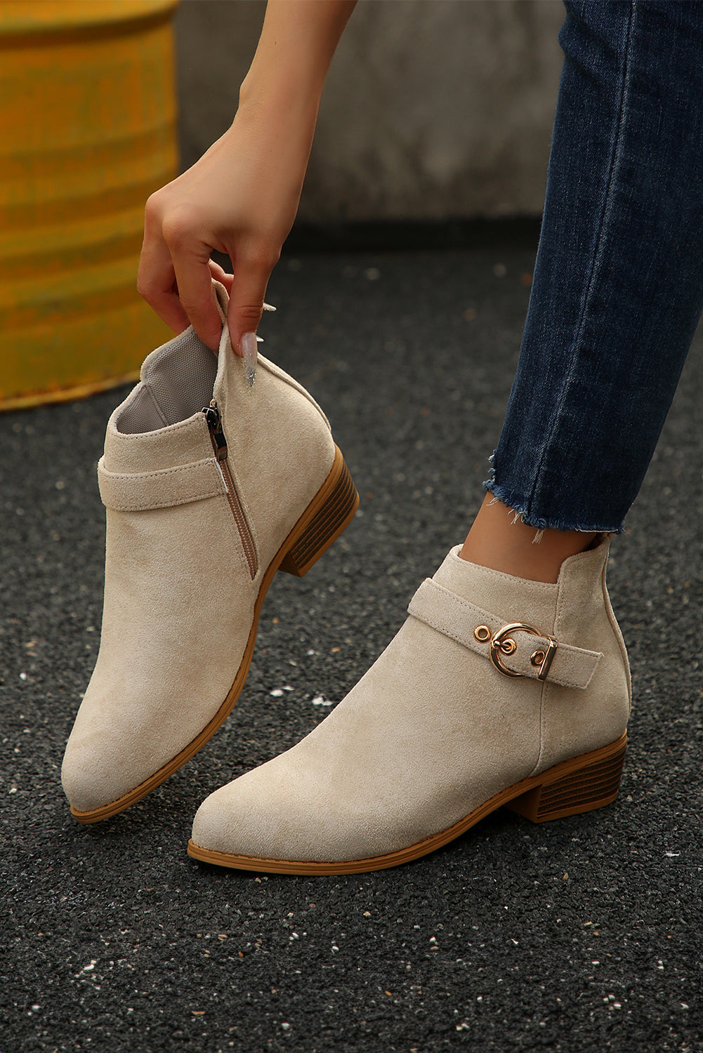 PREORDER: Beige Classic Buckle Strap Chunky Heel Suede Boots (Ships 3-4 Weeks)