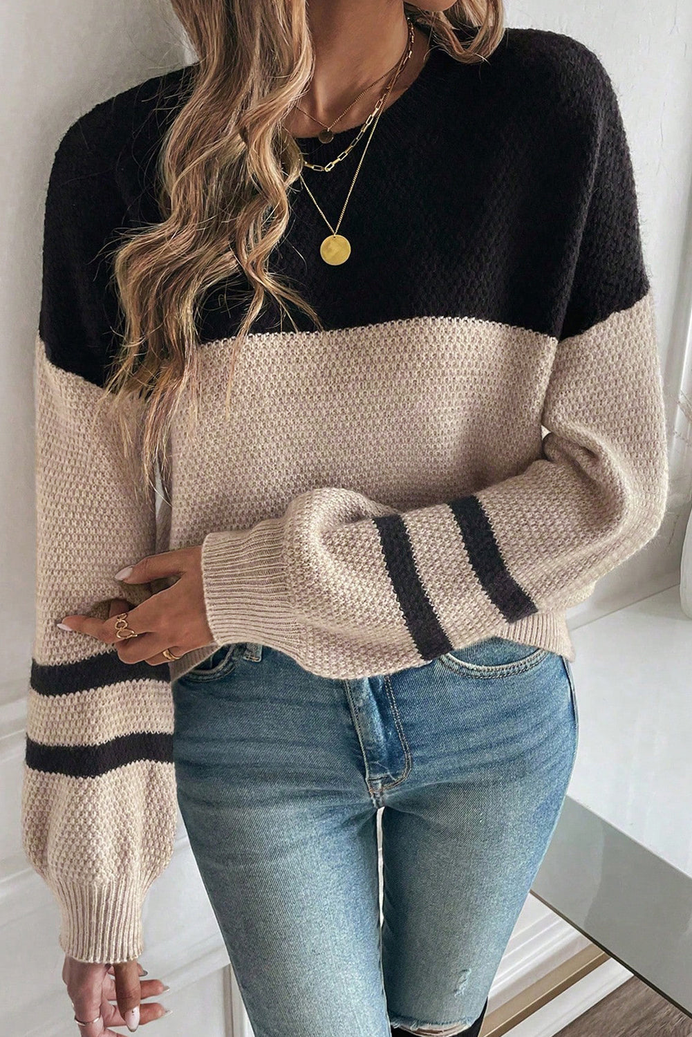 PREORDER: Color Block Knit Striped Sleeve Detail Casual Sweater (Ships in 3-4 weeks)