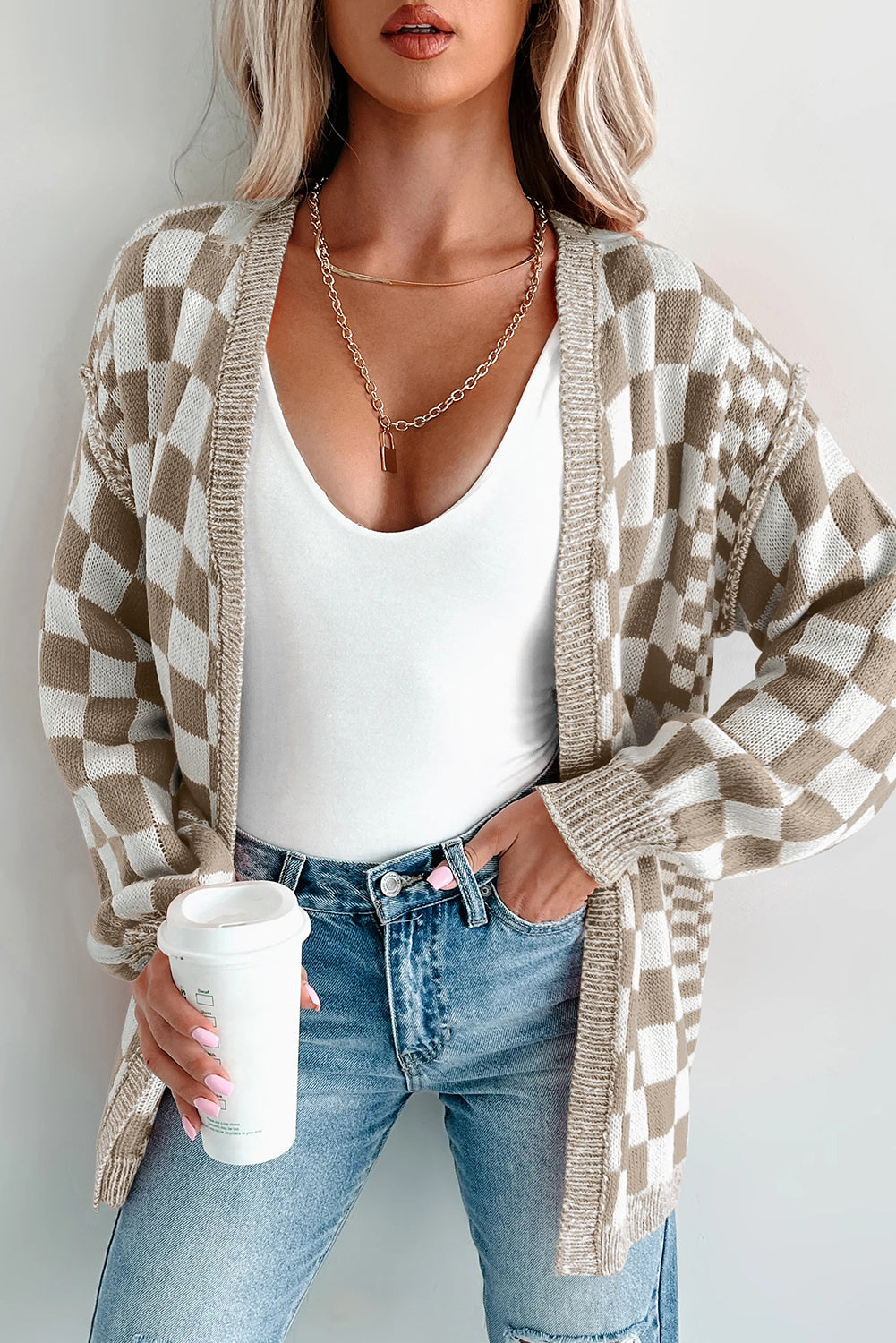 PREORDER: Brown Checkered Open Front Drop Shoulder Cardigan (Ships 3-4 Weeks)