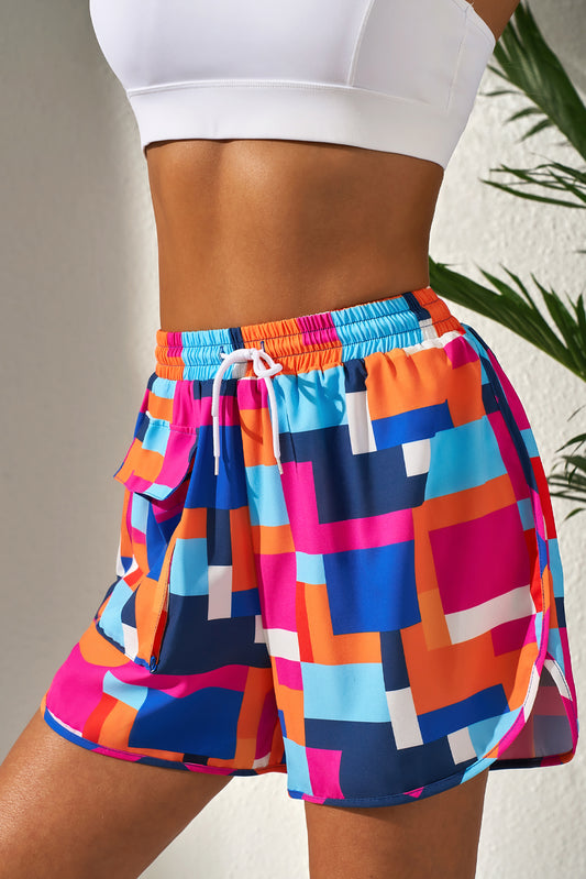 PREORDER: Rose Geometric Printed Drawstring Waist Beach Shorts with Pockets (Ships 2-5 weeks)