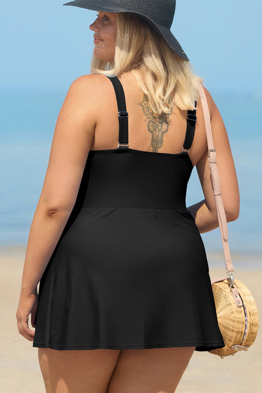 PREORDER: Plus Size Black Solid Color Square Neck Knotted One Piece Swimsuit (Ships 2-5 weeks)
