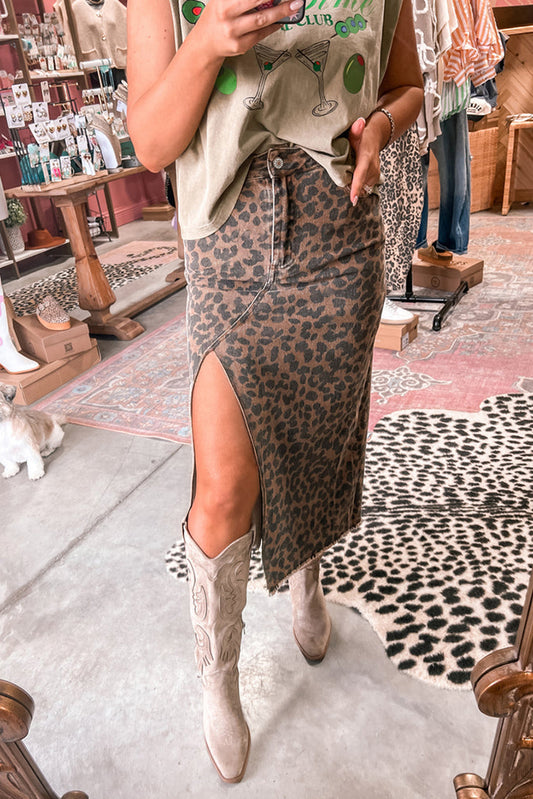 PREORDER: Brown Leopard Denim Frayed Split Denim Midi Skirt (Ships 2-4 Weeks)