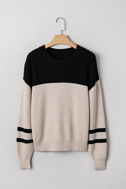 PREORDER: Color Block Knit Striped Sleeve Detail Casual Sweater (Ships in 3-4 weeks)