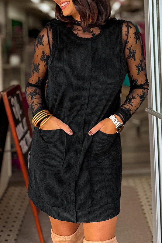 PREORDER: Black Corduroy Sleeveless Mini Dress With Patched Pockets (Ships 3-4 Weeks)