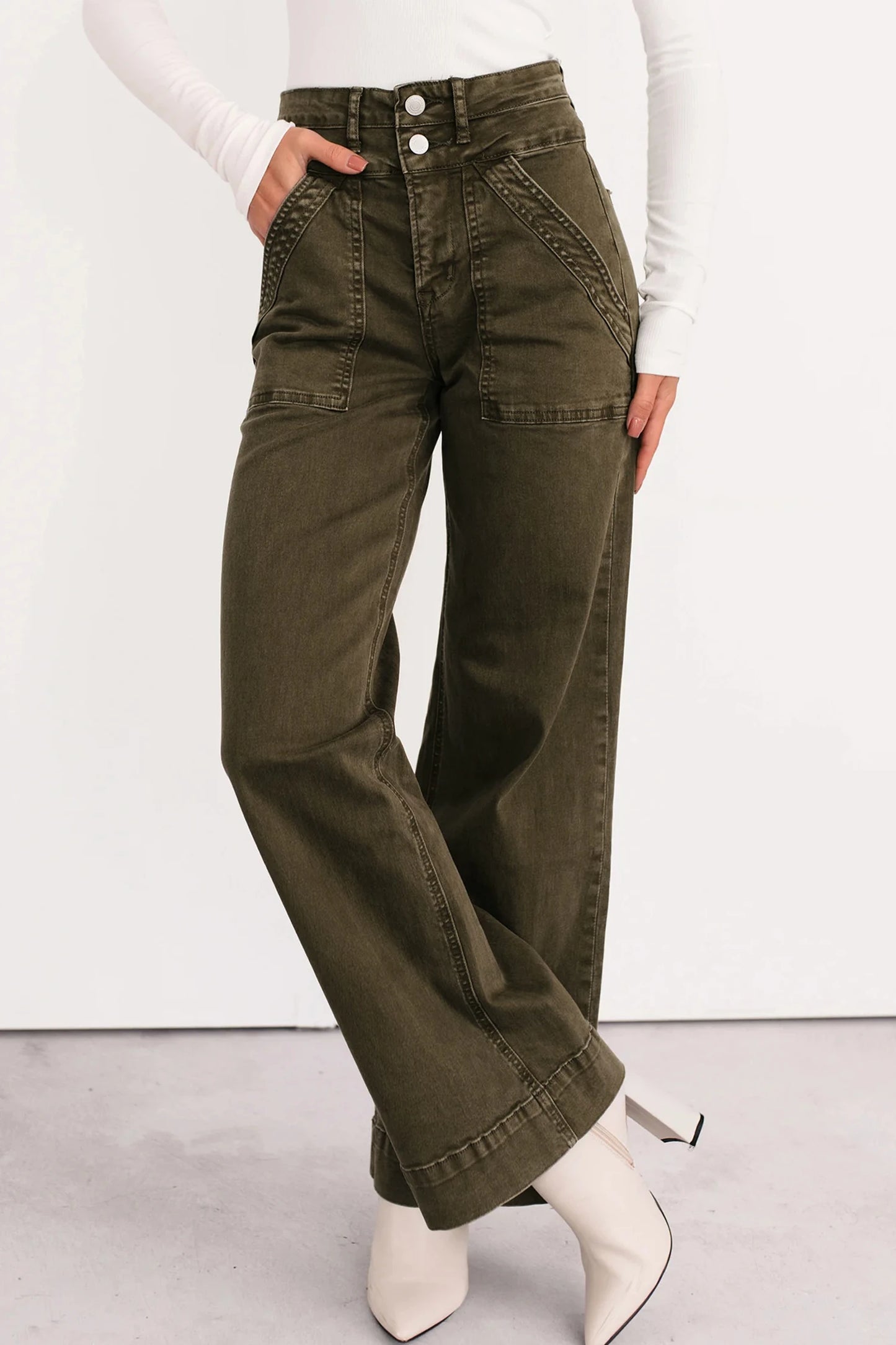 PREORDER: Jungle Green Double Waistband Loose Straight Jeans (Ships in 21-28 Business Days)