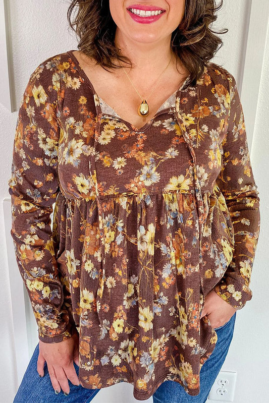 PREORDER: Khaki Floral Textured Tied Neck Long Sleeve Plus Size Babydoll Blouse (Ships 2-4 Weeks)