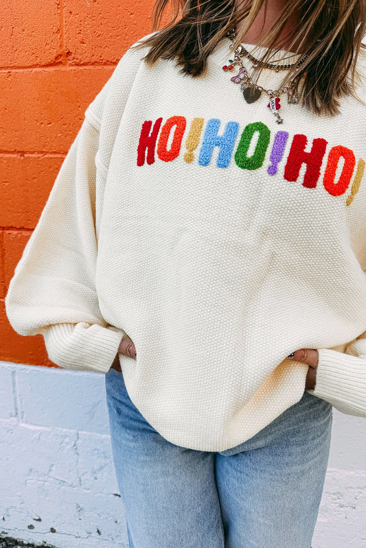PREORDER: White HOHOHO MERRY CHRISTMAS Chenille Graphic Drop Shoulder Holiday Sweater (Ships 21-28 Business Days)