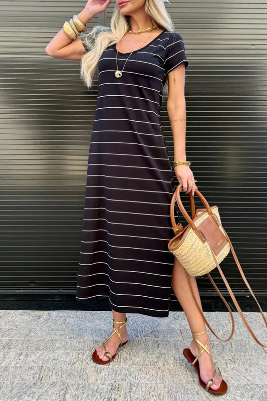 PREORDER: Striped Casual Short Sleeve Side Slit Maxi T Shirt Dress (Ships 21-28 Business Days)