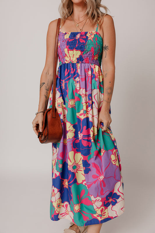 PREORDER: Purple Floral Print Shirred Spaghetti Strap Loose Maxi Dress (Ships 2-4 weeks)