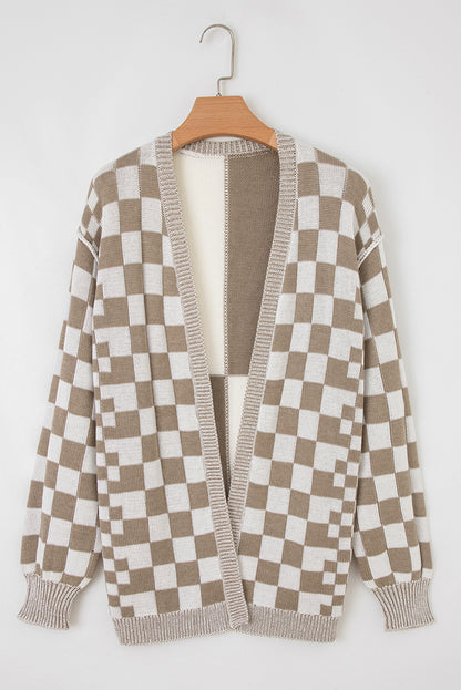 PREORDER: Brown Checkered Open Front Drop Shoulder Cardigan (Ships 3-4 Weeks)