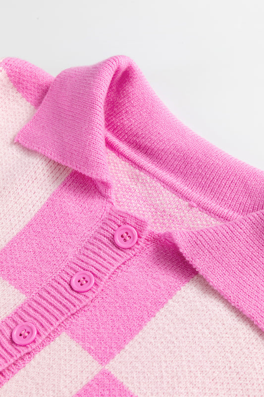 PREORDER: Pink Checkerboard Half Button Collared Drop Shoulder Sweater (Ships in 3-4 weeks)