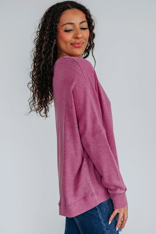 PREORDER: Bright Pink Waffle Knit Patchwork Long Sleeve Loose Top (Ships 21-28 Business Days)