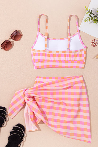 PREORDER: Pink 3pcs Gingham High Waist Bikini & Sarong (Ships 2-5 weeks)