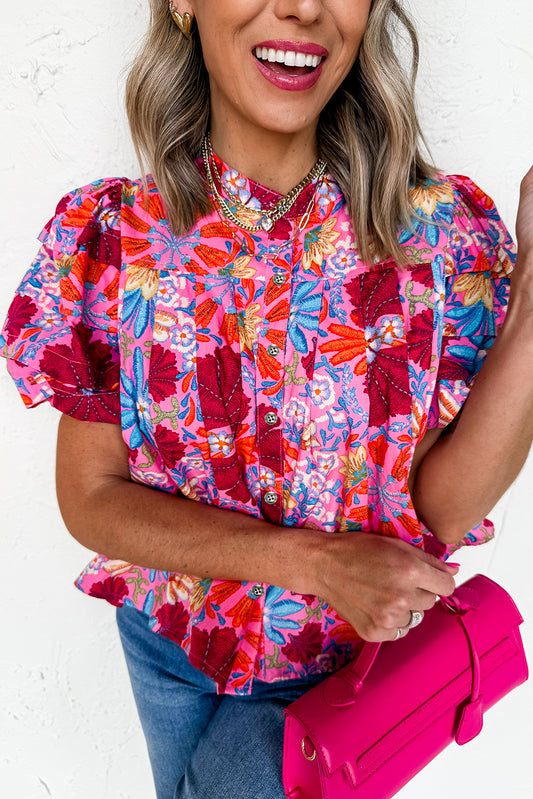 PREORDER: Pink Floral Print Bubble Sleeve Button Up Pleated Shirt (Ships 2-4 weeks)