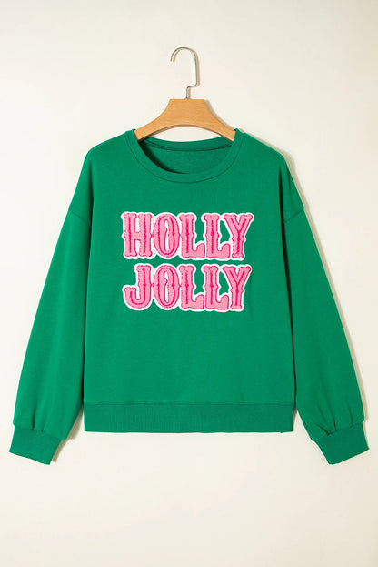 PREORDER: Sea Green HOLLY JOLLY Towel Embroidered Christmas Holiday Sweatshirt (Ships 21-28 Business Days)