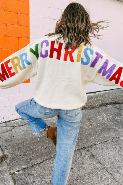 PREORDER: White HOHOHO MERRY CHRISTMAS Chenille Graphic Drop Shoulder Holiday Sweater (Ships 21-28 Business Days)