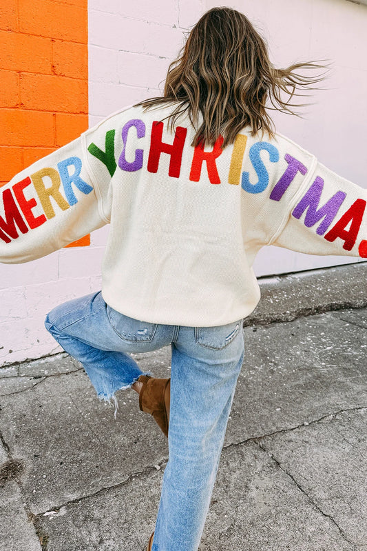 PREORDER: White HOHOHO MERRY CHRISTMAS Chenille Graphic Drop Shoulder Holiday Sweater (Ships 21-28 Business Days)
