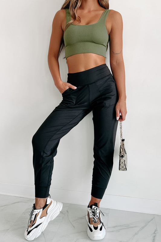 PREORDER: Black Exposed Seam High Waist Pocketed Joggers (Ships 3-4 Weeks)