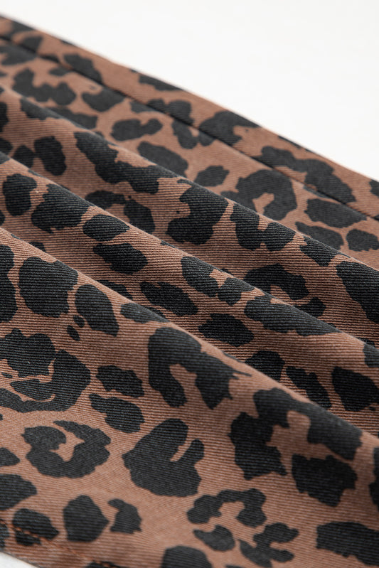 PREORDER: Brown Leopard Denim Frayed Split Denim Midi Skirt (Ships 2-4 Weeks)