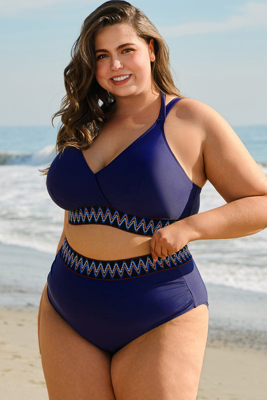PREORDER: Plus Size Navy Blue Embroidered Trim Wrap Tie Knot High Waisted Bikini (Ships 2-5 weeks)