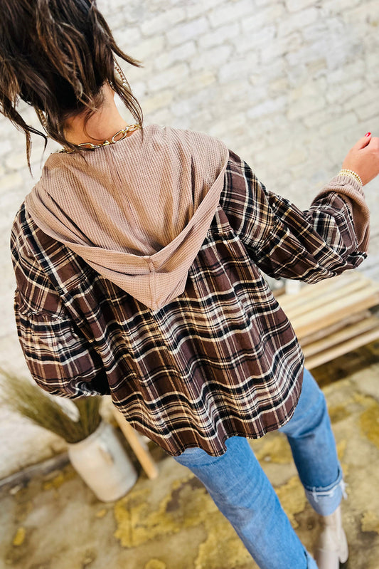 PREORDER: Brown Plaid Patchwork Long Sleeve Button Hooded Blouse (Ships 3-4 Weeks)