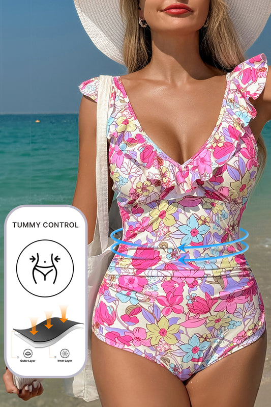 PREORDER: Pink Floral Ruffle Trim V Neck Lace-up Back Tummy Control One Piece Swimsuit (Ships 2-5 weeks)