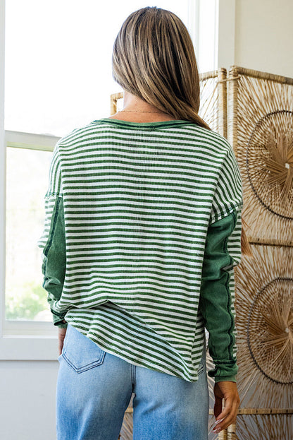 PREORDER: Green Stripe Thermal Knit Drop Shoulder Casual Top (Ships 3-4 Weeks)