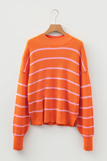 Orange Stripe Ribbed High Neck Drop Shoulder Boxy Fit Sweater