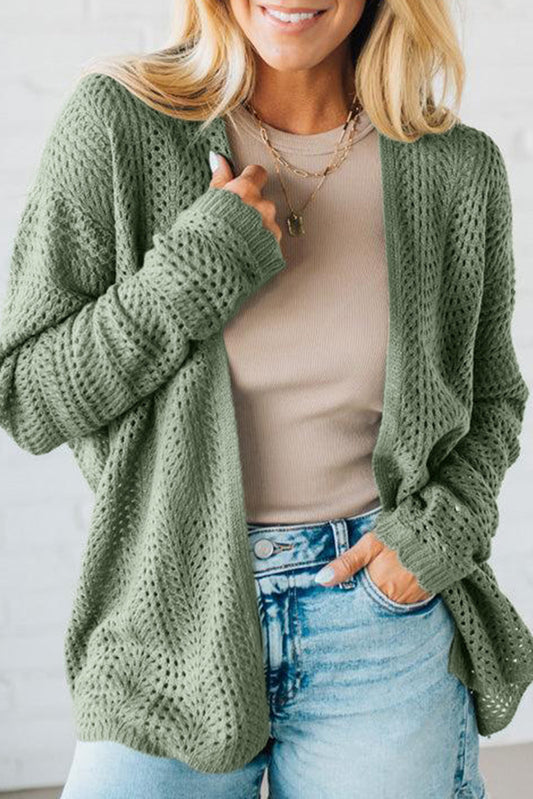 PREORDER: Green Scalloped Edge Eyelet Knit Batwing Sleeve Cardigan (Ships 3-4 Weeks)