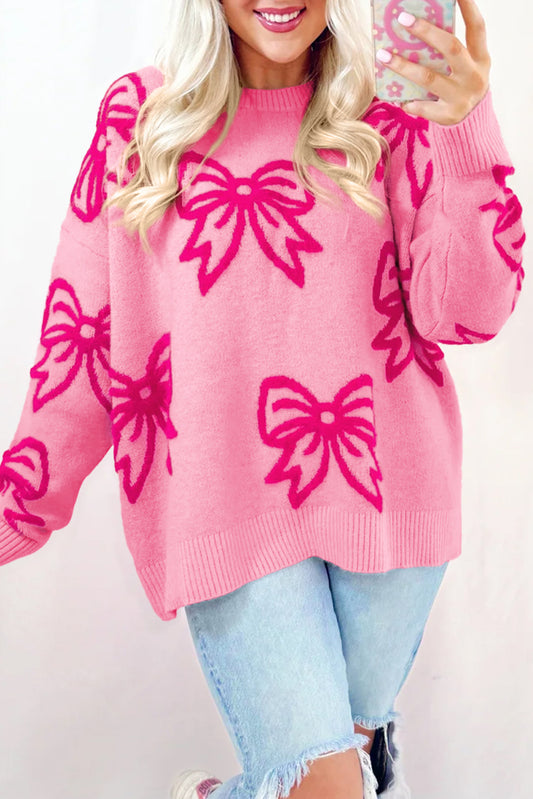 PREORDER: Pink Bow Pattern Drop Shoulder Loose Sweater (Ships 2-4 weeks)