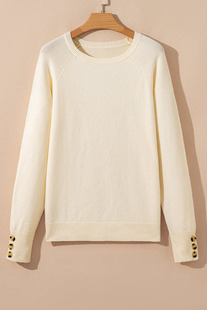PREORDER: White Buttoned Bishop Sleeve Crew Neck Sweater (Ships 21-28 Business Days)