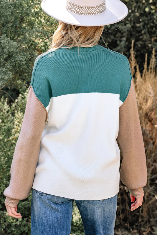 PREORDER: Green Color Block Plain Ribbed Knit Baggy Sweater (Ships 21-28 Business Days)