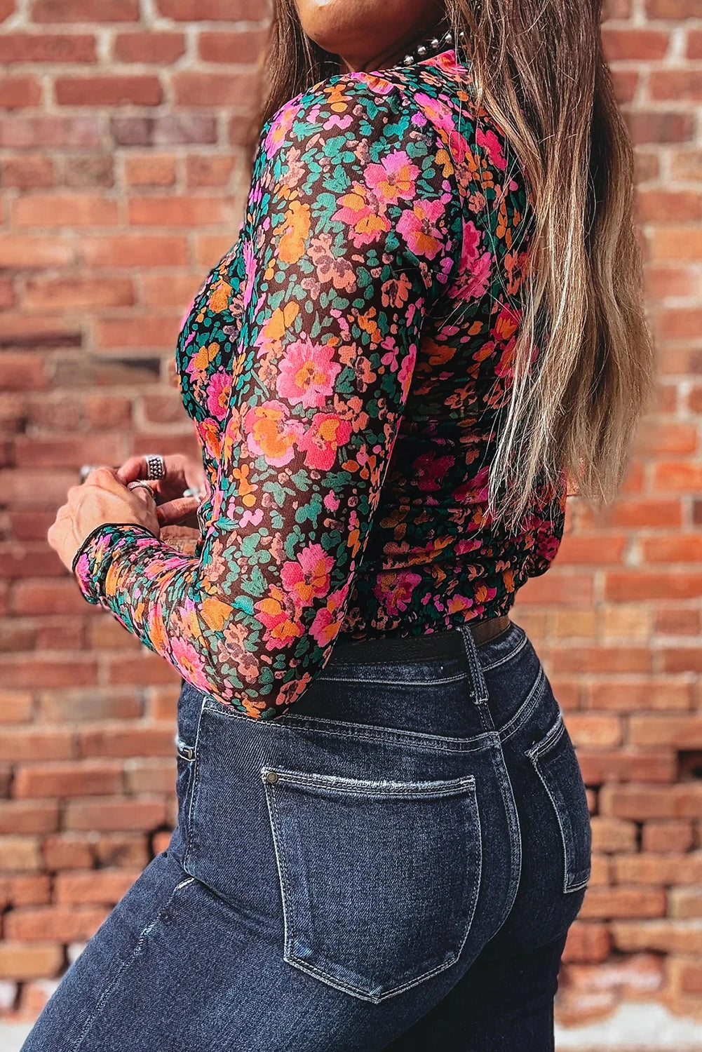 Viral Vintage Floral Print Mesh Long Sleeve Top