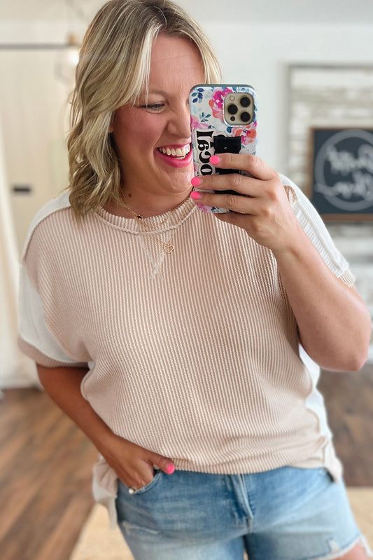 PREORDER: Parchment Twist Rib Colorblock Hi Low Plus Size Short Sleeve Top (Ships 2-5 weeks)