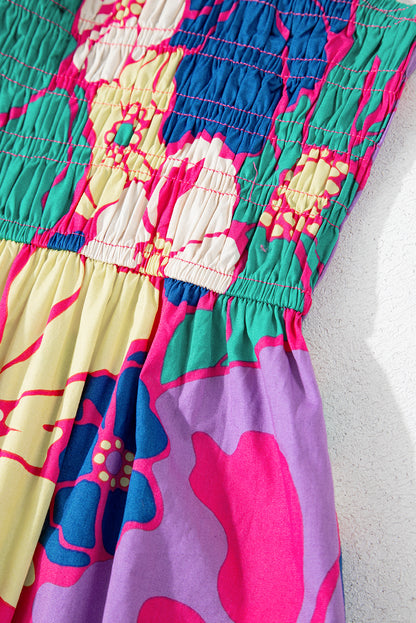 PREORDER: Purple Floral Print Shirred Spaghetti Strap Loose Maxi Dress (Ships 2-4 weeks)