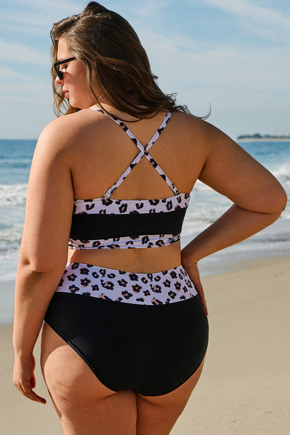 PREORDER: Plus Size Black 2pcs Leopard Patchwork High Waisted Swimsuit (Ships 2-5 weeks)