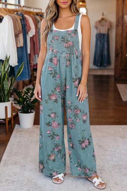 PREORDER: Beau Blue Floral Print Pleated High Waist Wide Leg Denim Jumpsuit (Ships 21-28 Business Days)