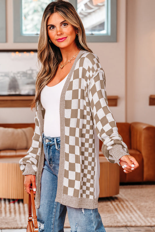 PREORDER: Brown Checkered Open Front Drop Shoulder Cardigan (Ships 3-4 Weeks)