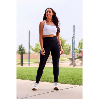 The Stephanie - Black CROSSOVER Full Length Leggings with Pockets (Ships 2-3 Weeks)