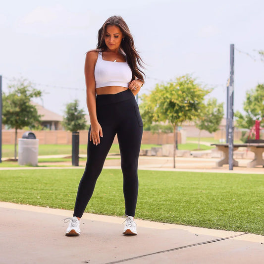 The Stephanie - Black CROSSOVER Full Length Leggings with Pockets (Ships 2-3 Weeks)