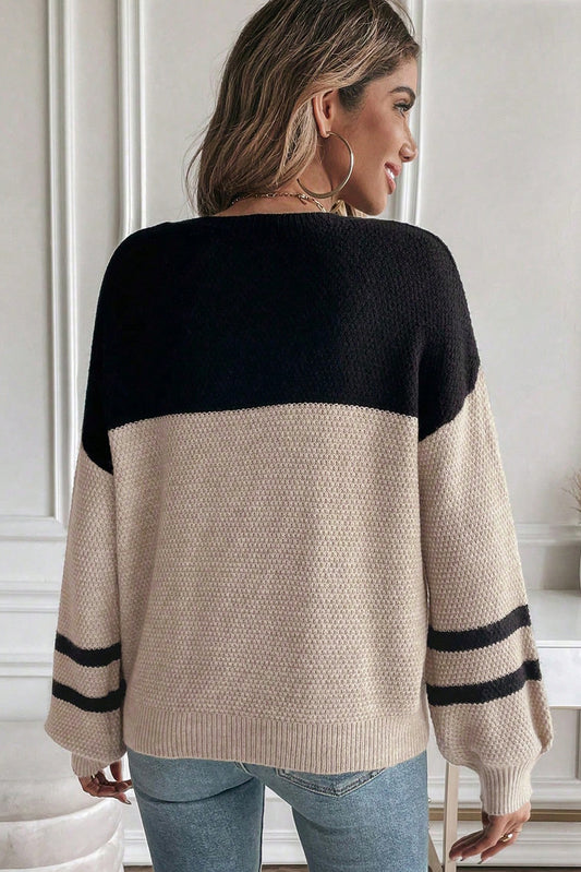 PREORDER: Color Block Knit Striped Sleeve Detail Casual Sweater (Ships in 3-4 weeks)