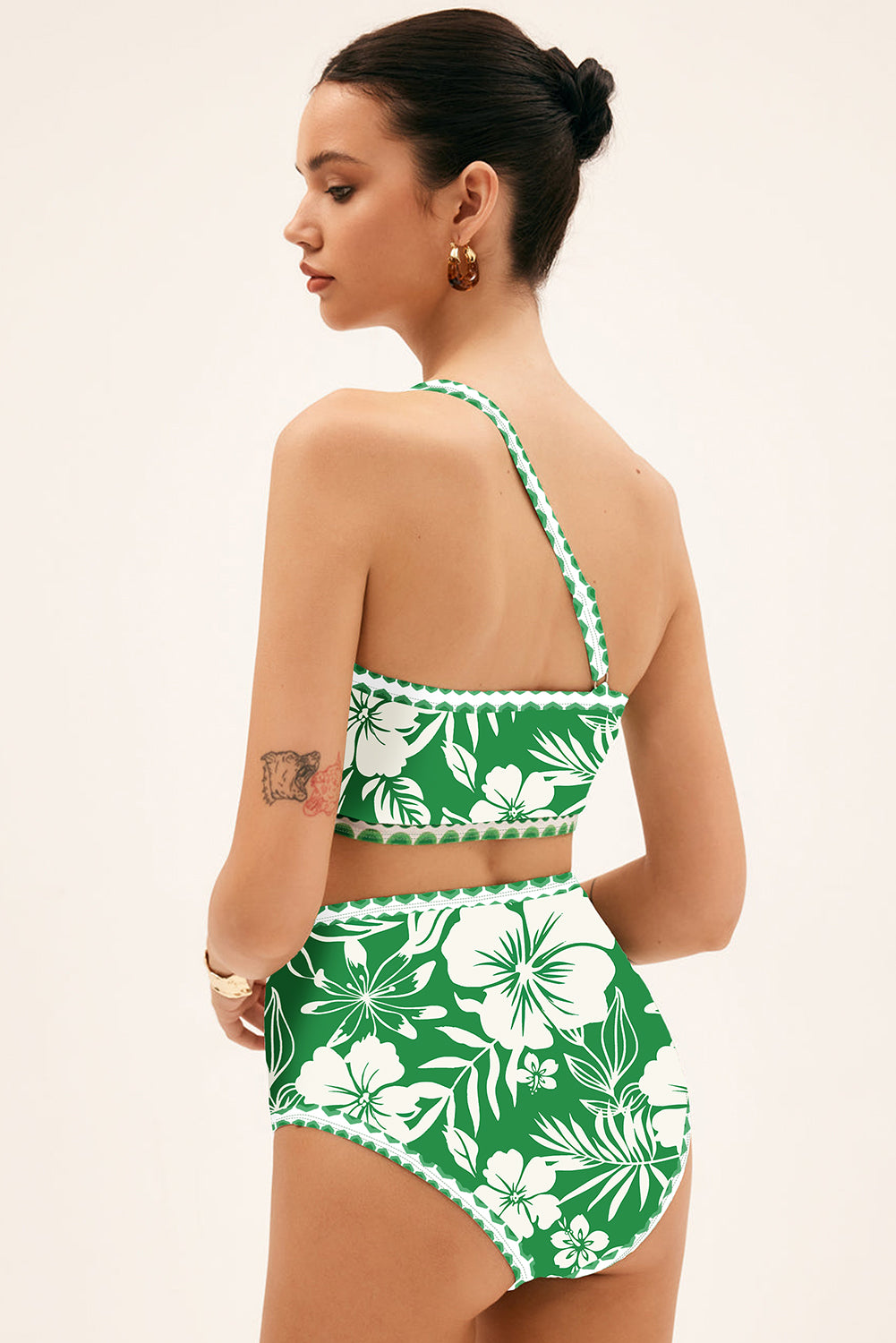PREORDER: Green Floral Print One Shoulder High Waist Bikini Set (Ships 2-5 weeks)