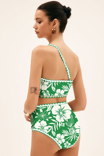 PREORDER: Green Floral Print One Shoulder High Waist Bikini Set (Ships 2-5 weeks)