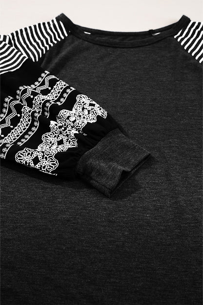 PREORDER: Black Contrast Print Striped Raglan Long Sleeve Loose Top (Ships 3-4 Weeks)
