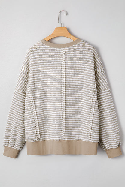 PREORDER: Brown Stripe Ribbed Trim Drop Shoulder Long Sleeve Oversize Top (Ships 3-4 Weeks)