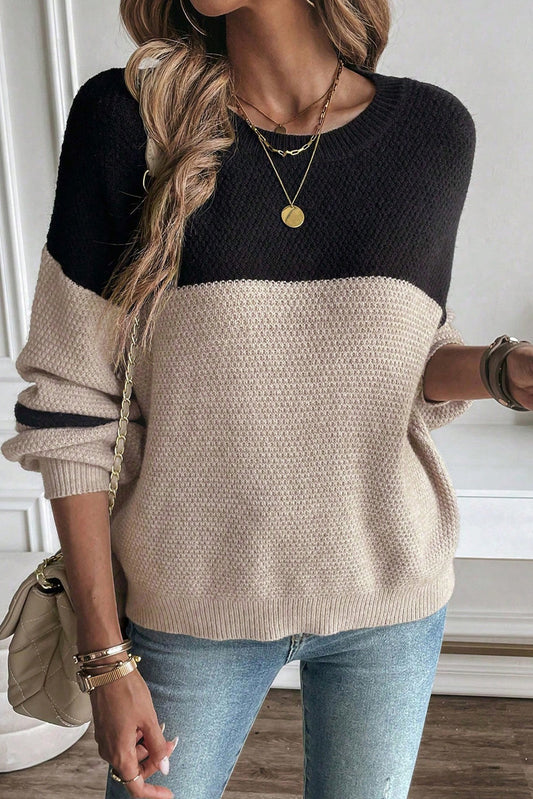PREORDER: Color Block Knit Striped Sleeve Detail Casual Sweater (Ships in 3-4 weeks)