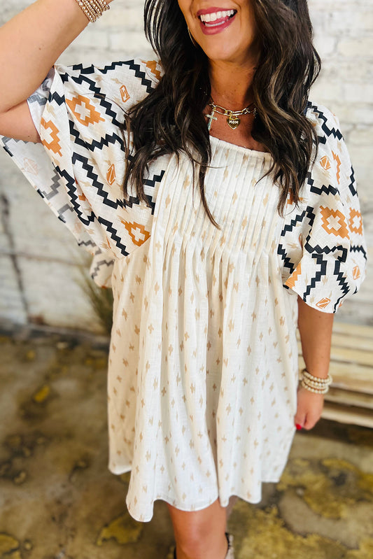 Western Print Pleated Square Neck Mini Dress