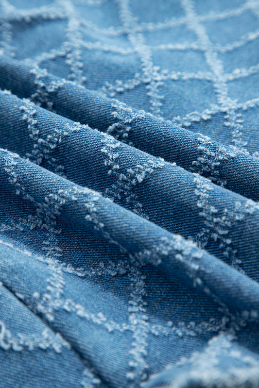 PREORDER: Dusk Blue Checkered Textured Short Sleeve Patched Pocket Denim Shirt (Ships 2-4 weeks)